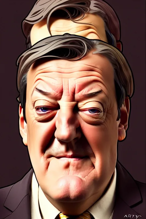 Image similar to stephen fry winking his left eye at the camera, in the style of art by artgerm and greg rutkowski and alphonse mucha
