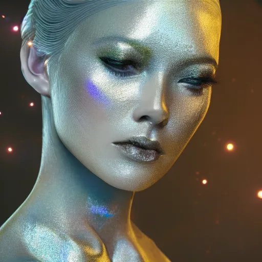 Image similar to beautiful pragmatic face, crystal, platinum, copper, biomechanoid with incredible iridescent pearlescent voluminous fiberoptic hair, crystalline masterpiece implants, hyperdetailed face, elegant pose, movie still, intricate, octane render, cinematic forest lighting, unreal engine, dieselpunk setting, crepuscular rays, god rays.