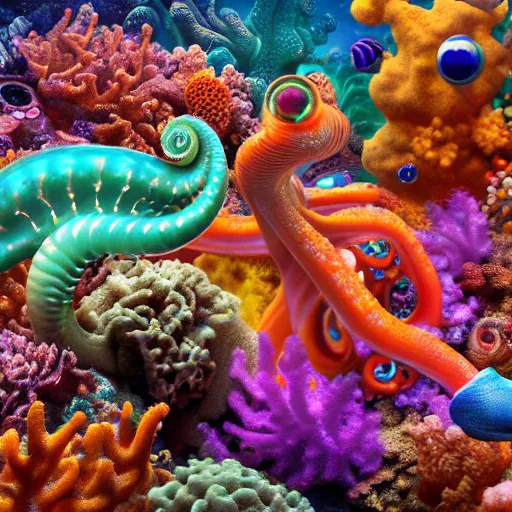 Image similar to a group of cephalopod - like alien creatures swim through a vividly colorful complex diverse bright dense coral reef in the ocean of an alien world, coral, coral reef, sealife, alien oceans, alien worlds, 4 k resolution, ultra realistic, hyperdetailed, photorealism, trending on artstation