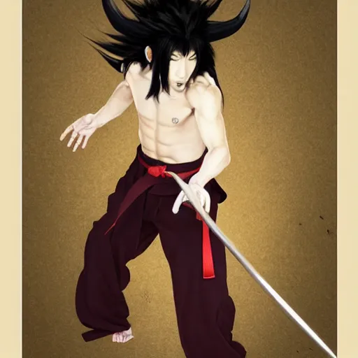 Image similar to demon martial artist, handsome japanese demon boy, young adult yokai with long spiky black hair, vampire, vantablack gi, simple clothes, ultra realistic, intricate details, highly detailed, subsurface scattering, photorealistic, octane render, 8 k, art by artgerm, greg rutkowski, magali villeneuve, alphonse mucha