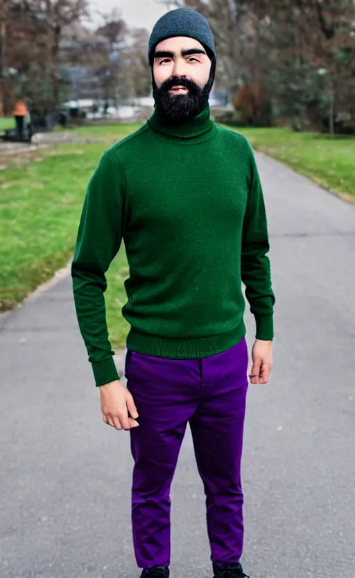 Prompt: a young man with a chin - style dark brown beard without mustache in a dark black cap, green turtleneck, purple pants and super white sneakers in full height, perfect manly face