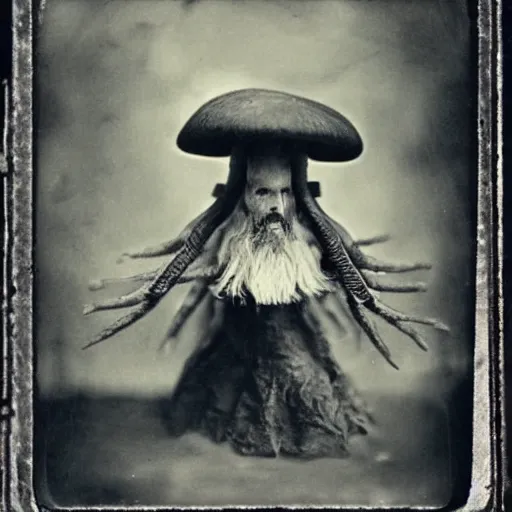 Image similar to Mushroom Temple Wizard with large magical spider legs by Ansel Adams Tintype 1800s