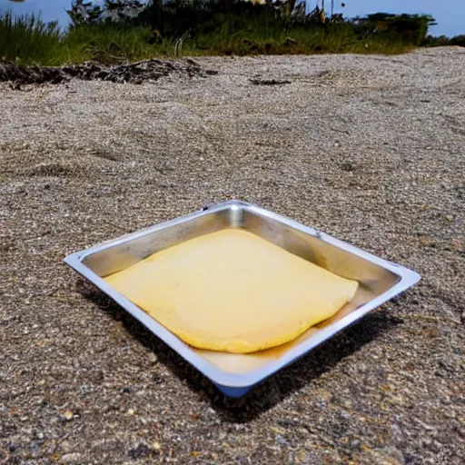 Image similar to a rectangle-shaped wok with no food in it, on the beach