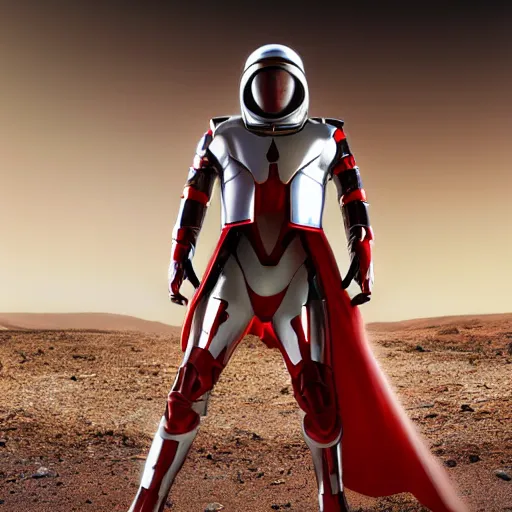 Image similar to portrait of a tall athletic muscular infantry man in glossy sleek white armor with tiny red details and a long red cape, heroic posture, on the surface of mars, night time, dramatic lighting, cinematic, sci-fi, hyperrealistic, movie still