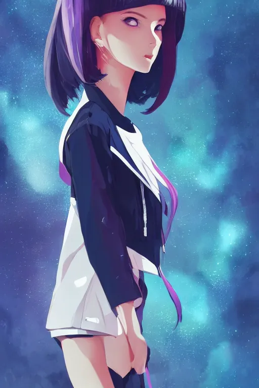 Prompt: poster woman with futuristic streetwear and hairstyle, open jacket, cute face, side pose, Galaxy eyes, pretty, beautiful, elegant, Anime by Kuvshinov Ilya, Cushart Krentz and Gilleard James, 4k, HDR, Trending on artstation, Behance, Pinterest, award winning