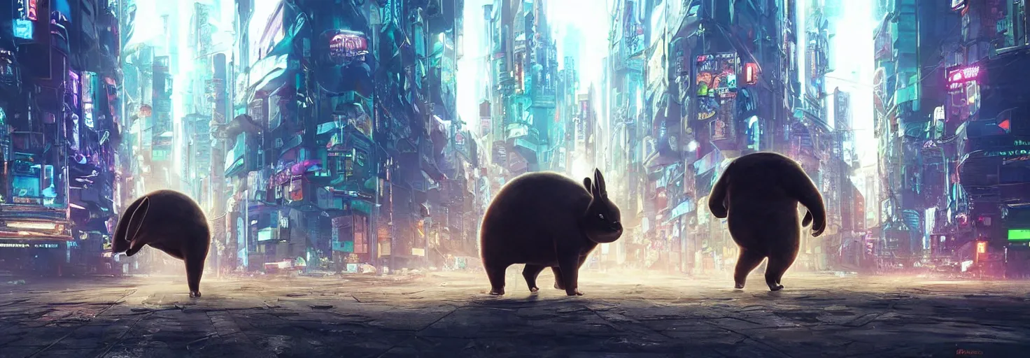 Image similar to photo of big chungus roaming in a cyberpunk futuristic city