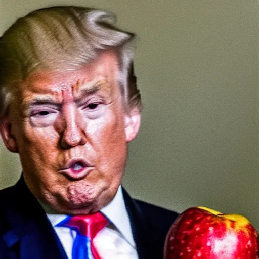 Image similar to blurry cell phone footage of donald trump eating a moldy apple in an abandoned house