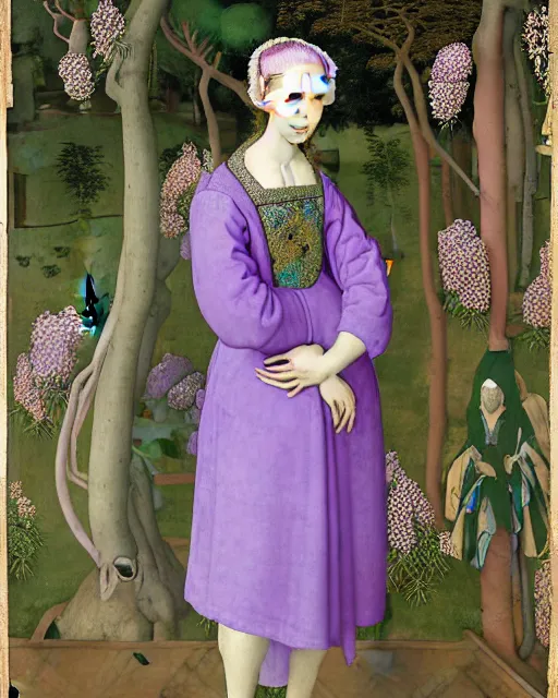 Image similar to portrait of a woman with lilac long hair wearing a blue pajama, standing in a big garden full of plants and hair rolls, intricate details, high detail, in the style of rogier van der weyden and jacopo da pontormo, punk, asian art,