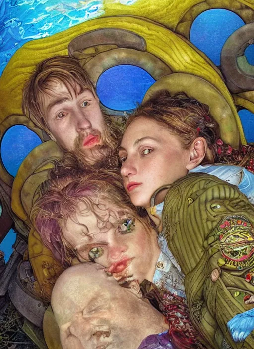 Prompt: detailed colourful masterpiece of photography couple portrait sat down extreme closeup, love, inside an underwater train, detailed realistic expressions, wearing unusual clothes, by ford madox brown and greg hildebrandt