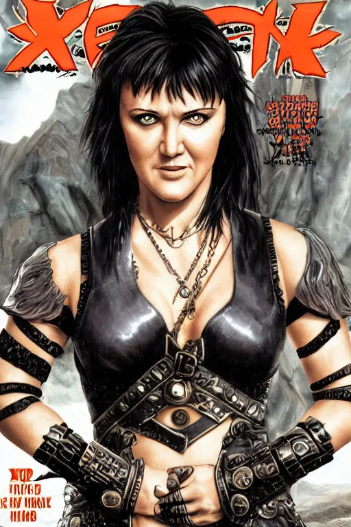 Prompt: xena in the style of heavy metal magazine. amazing face detail. sharp focus face. 8 k. hd illustration. magazine cover art.
