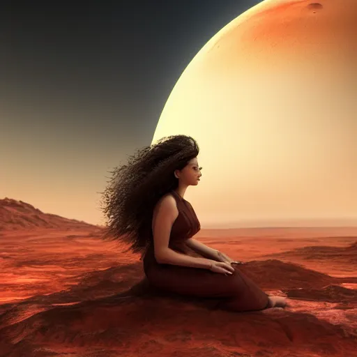 Prompt: Still of a woman with gorgeous flowing hair on Mars, sitting on a Martian rock, reddish atmosphere with detailed highlights, dark gloomy sky cascading upon the atmosphere, well-detailed ornate Martian mountains in the background, trending on artstation, 4k, 8k