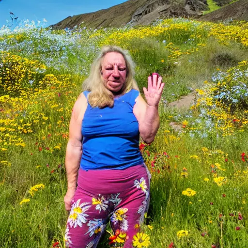 Prompt: a photograph of the most ugliest woman that has ever existed, surrounded by an auwfull natural sightseeing accompanied by the worst wild flowers.