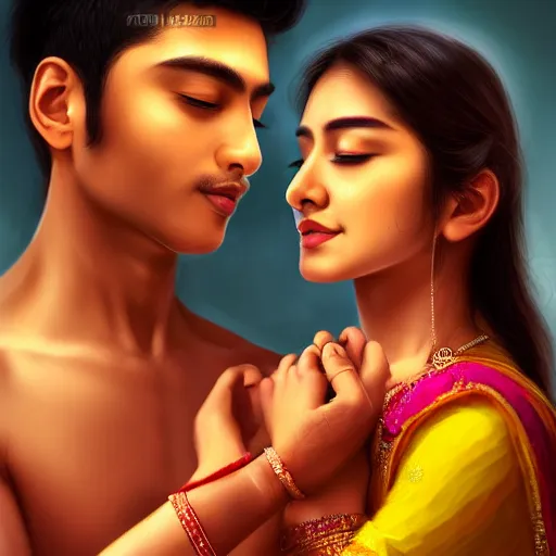 Prompt: perfectly centered symmetrical split male and female portrait of indian romance couple man and woman in love sharing one heart ; digital artwork by'kyuyong eom'and artgerm, photorealistic, highly detailed ; trending on artstation