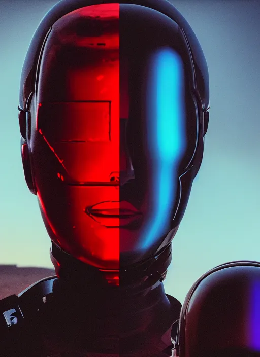 Prompt: cinestill 5 0 d photographic portrait of two loving female androids wearing rugged black techwear on a desolate plain with a red topographic holographic sky, extreme closeup, cyberpunk style, dust storm, 8 k, hd, high resolution, 3 5 mm, f / 3 2, ultra realistic faces, ex machina