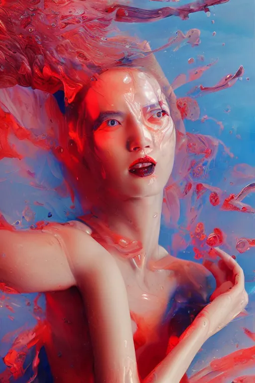 Image similar to 3 d, sci - fi, morning, smiling fashion model face, sun, cinematic, lightning clouds, vogue cover style, water, light red and deep blue mood, realistic painting, intricate oil painting, high detail, figurative art, multiple exposure, poster art, 3 d, by tooth wu and wlop and beeple and greg rutkowski