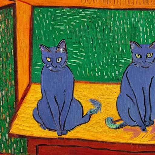 Image similar to two Siamese cats sitting on a windowsill with blue sky and trees in the style of van gogh