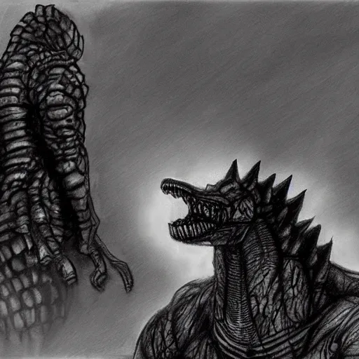 Prompt: charcoal concept art of an aliens vs. godzilla movie