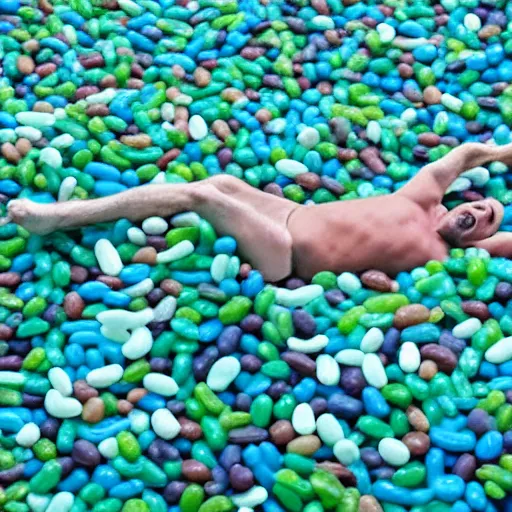 Prompt: A man swimming in a sea of jelly beans