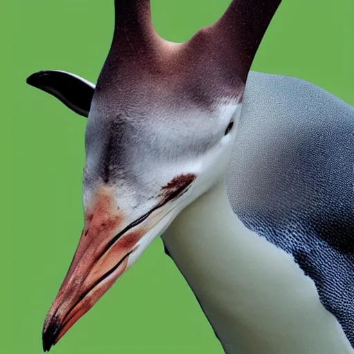 Image similar to a real footage of a new animal species, a mix hybdrid between a penguin body, a giraffe neck, hyperdetailed mix, photomanipulation