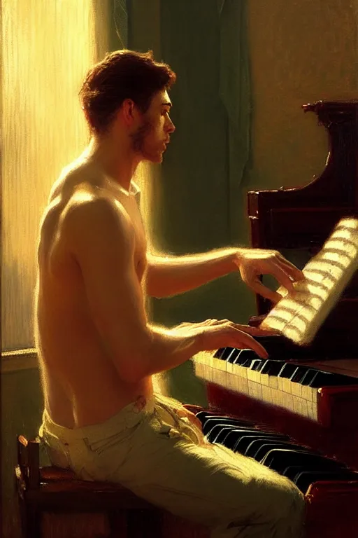 Prompt: attractive male, playing piano, low - key lighting, vaporwave, painting by gaston bussiere, craig mullins, j. c. leyendecker