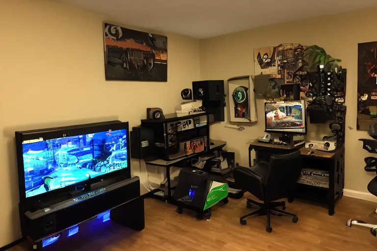 Image similar to gaming setup in the backrooms