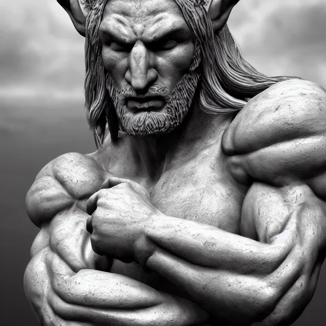 Image similar to marble sculpture of a warrior elf man, realistic, unreal engine render, octane render, hyper realistic, photo, 8 k, cinematic lighting