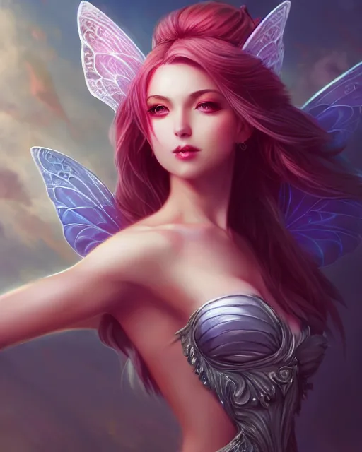 Image similar to 3 / 4 view of a woman with fairy wings, confident pose, pixie character, video game genshin impact, cell shaded anime intricate, elegant, sharp focus, illustration, highly detailed, concept art, matte, magali villeneuve, artgerm, anime, trending on artstation