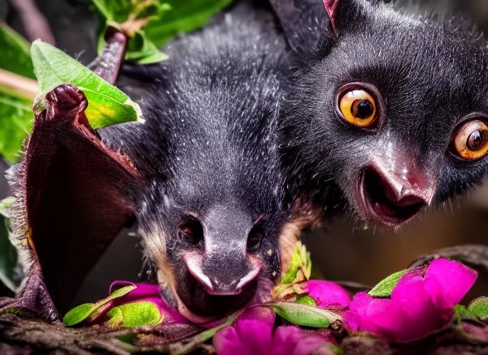 Prompt: super macro of a fruit bat drinking from a flower in the forest. fantasy magic style. highly detailed 8 k. intricate. nikon d 8 5 0 3 0 0 mm. award winning photography.