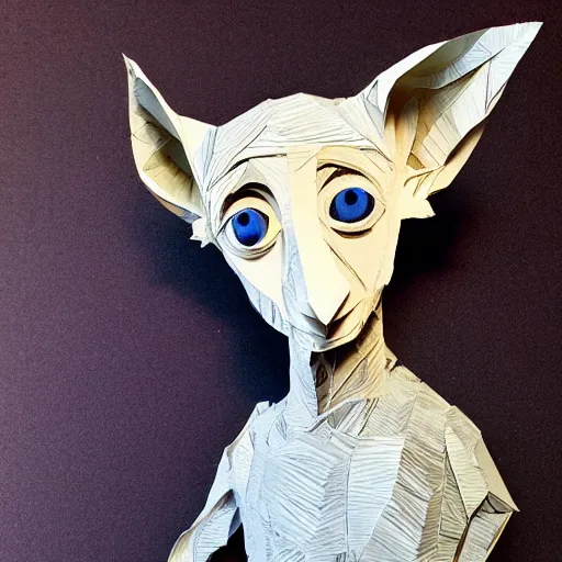 Image similar to cut paper sculpture of dobby the house elf