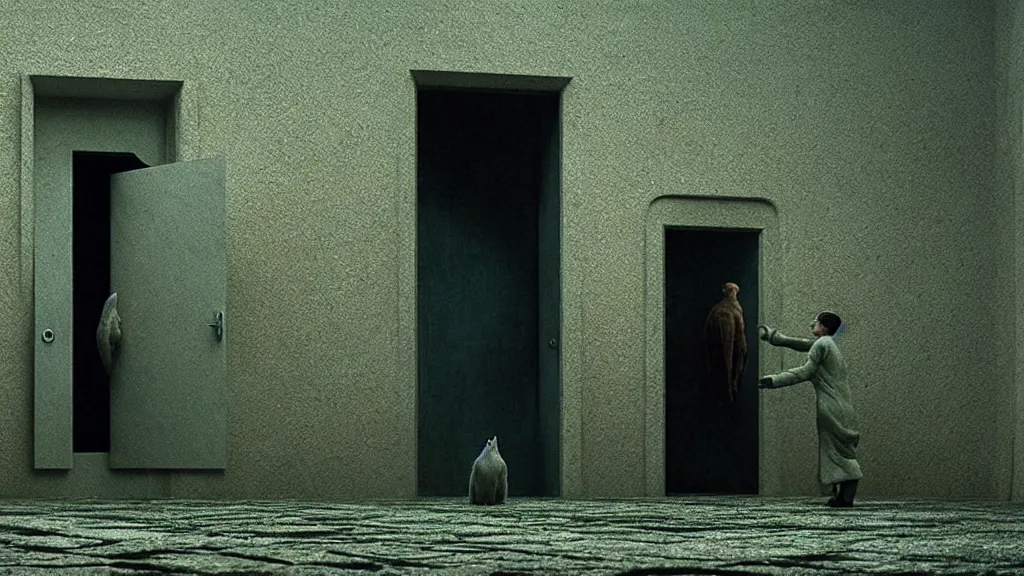 Prompt: a strange creature pulls a door, film still from the movie directed by Denis Villeneuve with art direction by Zdzisław Beksiński,