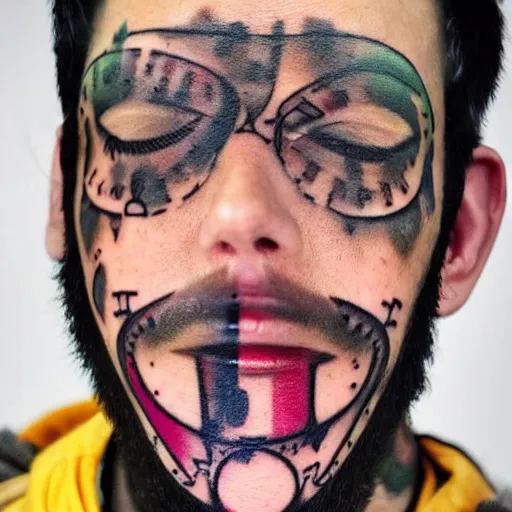 Image similar to portrait photo of man with a face tattoo of a 3 dimensional hole in the skin with multicolored tubes and robotic mechanics inside under the skin, insanely integrate,