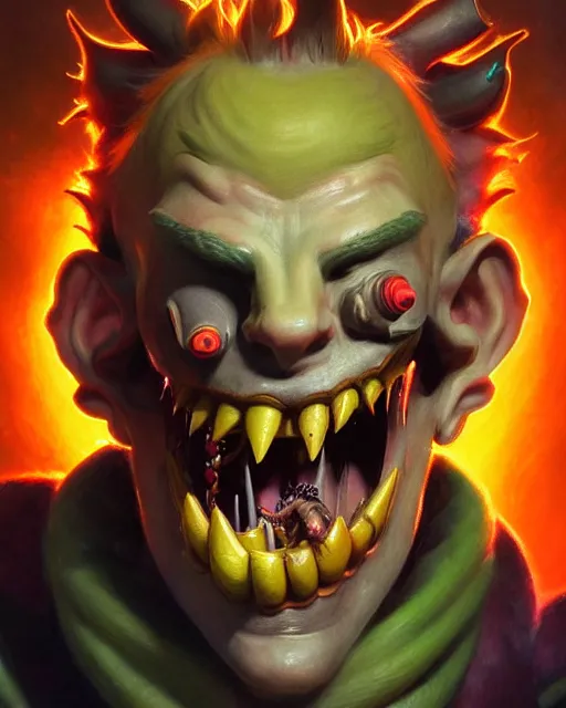 Image similar to junkrat from overwatch, mouth closed, fantasy, fantasy art, fantasy, colorful, elegant, character portrait, portrait, close up, highly detailed, intricate detail, amazing detail, sharp focus, vintage fantasy art, vintage sci - fi art, radiant light, caustics, by boris vallejo