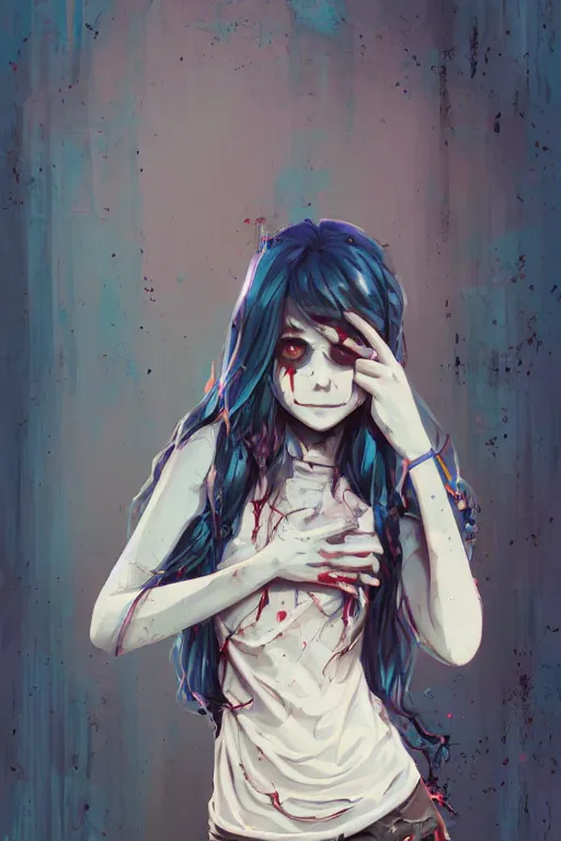 Prompt: urban school zombie girl in tattered clothes drooling fanart, dark blue long hair, muted colors, matte print, pastel colors, ornate, digital art, cute smile, digital painting, fan art, elegant, pixiv, by Ilya Kuvshinov, by Studio Ghibli