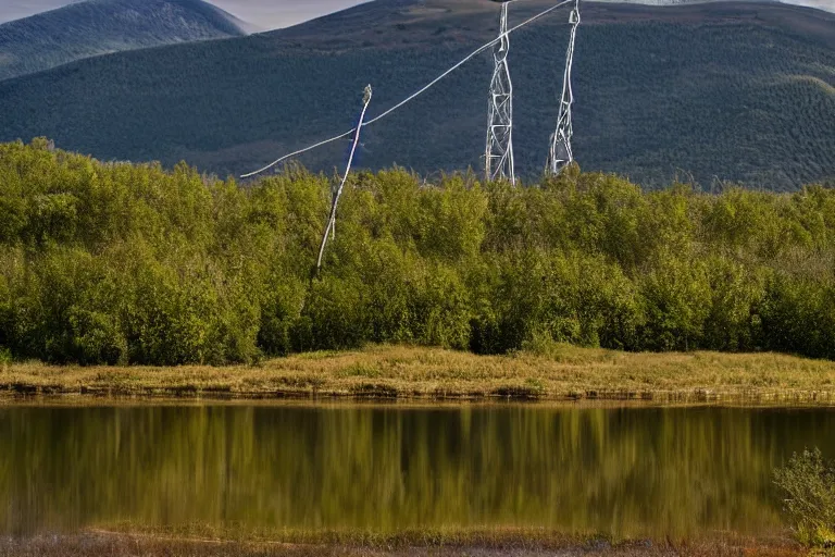 Prompt: a hill with a radio tower next to a pond, hills in background. telephoto lens photography.