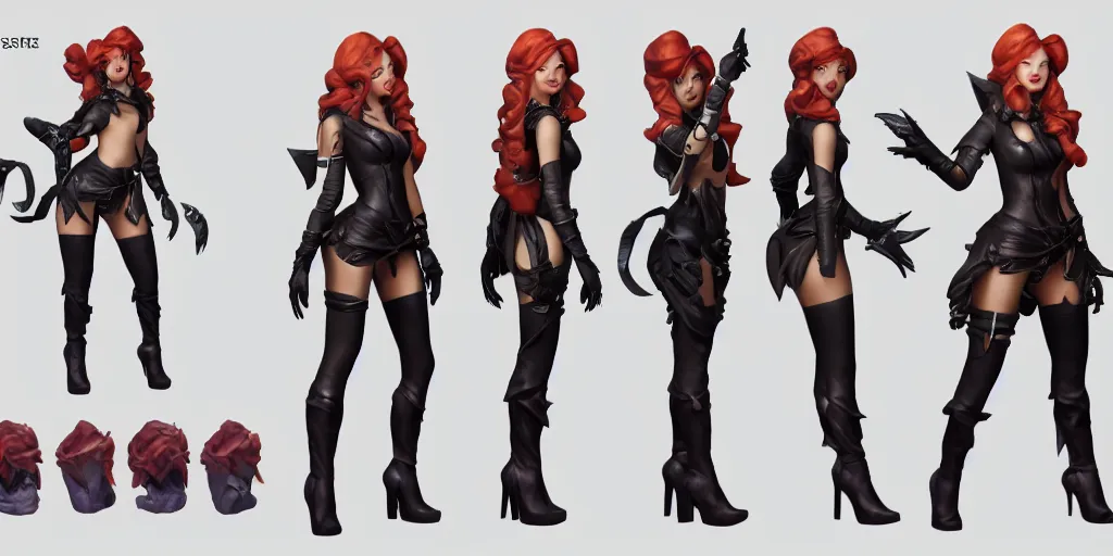 Image similar to Character sheet of prestige coven miss fortune (League of Legends). 3d render, octane render, game art, realistic, highly detailed, trending on artstation, 4k, trending on artstation, pixar, cgsociety, unreal engine 5, redshift render, trending on artstation, blender, behance, cg