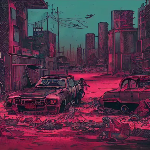 Image similar to a colorful comic noir illustration of a mad max scene in a post-apocalyptic city decaying in the desert by Queens of the Stone Age, dark vibes, pastel lighting, cinematic, depth of field, 8k, high contrast