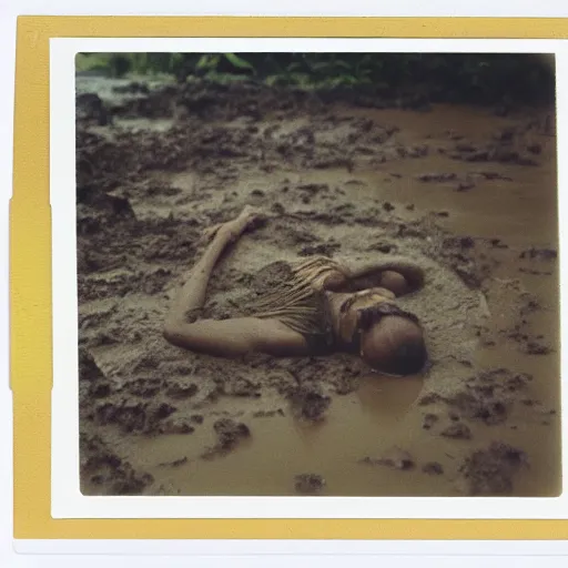 Image similar to film still, close up, emma watson rising out of muddy vietnam river, face covered in mud, low camera angle at water level, night time, film still from apocalypse now ( 1 9 7 9 ), 2 6 mm polaroid polaroid polaroid polaroid polaroid expired expired expired,