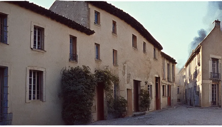 Image similar to 1 9 7 0 s movie still of a burning french style townhouse in a small french village, cinestill 8 0 0 t 3 5 mm, high quality, heavy grain, high detail, texture, dramatic light, ultra wide lens, panoramic anamorphic, hyperrealistic