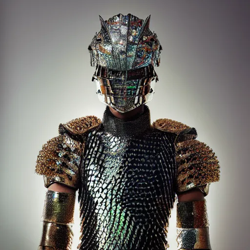 Image similar to a portrait of a beautiful young male wearing an alexander mcqueen armor made of holographic scales , photographed by andrew thomas huang, artistic
