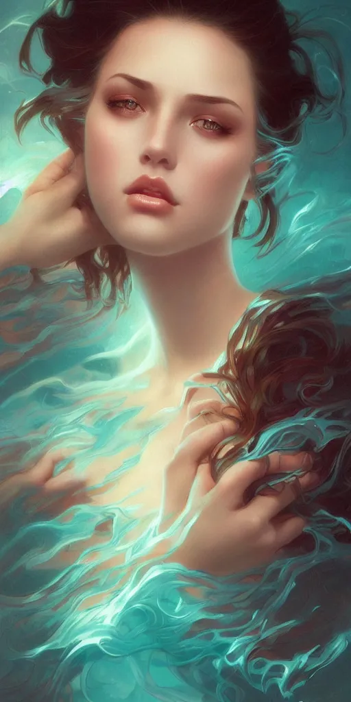 Image similar to haunting beautiful young woman, detailed photo realistic gorgeous face turning waves, dark, ominous, sad eyes, glowing hue of teal, vaporwave aesthetic, synthwave , digital painting, artstation, concept art, smooth, sharp focus, illustration, art by artgerm and greg rutkowski and alphonse mucha