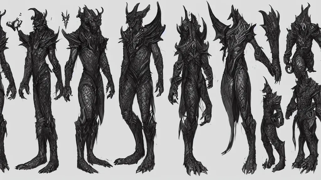 Image similar to a fantasy draconian character design sheet, trending on artstation