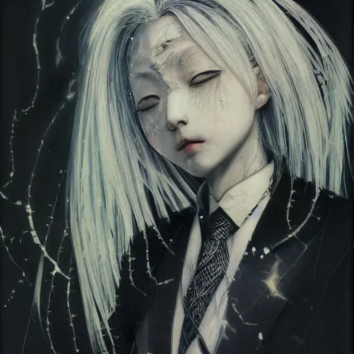 Image similar to Yoshitaka Amano realistic illustration of an anime girl with white hair and cracks on her face wearing dress suit with tie fluttering in the wind, abstract black and white patterns on the background, noisy film grain effect, highly detailed, Renaissance oil painting, weird portrait angle