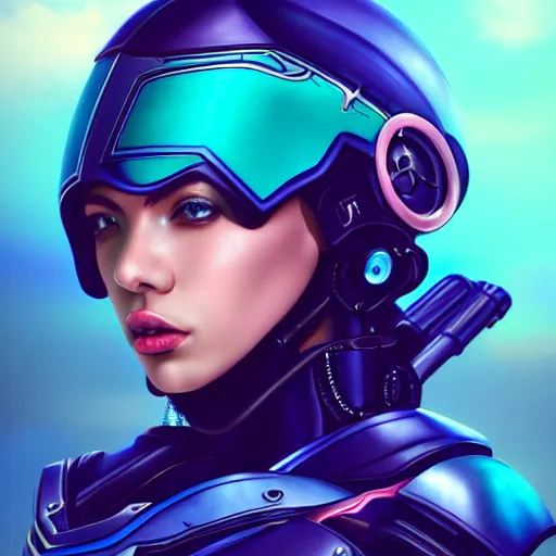 Prompt: a stunning upper body portrait of a beautiful young woman wearing futuristic navy blue and teal battle bodyarmor and pauldrons and ombre purple and pink hairstyle with hair blowing in the wind, by marvel comics, outrun, vaporware, highly detailed, fine detail, intricate, digital art, trending on artstation