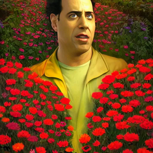 Image similar to Seinfeld made out of flowers, surreal landscaping in the background, portrait by Esao Andrews, concept art, existential horror, 4k HD, trending on ArtStation episode