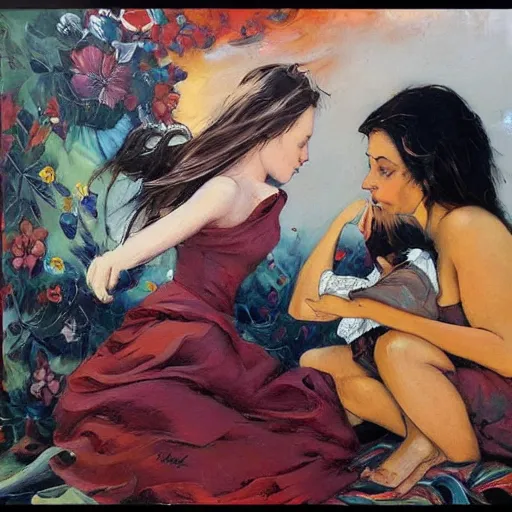 Image similar to by john larriva, by aaron horkey emotive. a beautiful painting harmony of colors, simple but powerful composition. a scene of peaceful domesticity, with a mother & child in the center, surrounded by a few simple objects. colors are muted & calming, serenity & calm.