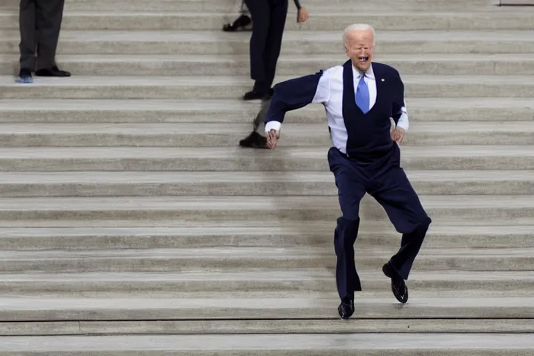 Image similar to joe biden in pain falling down stairs