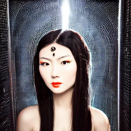 Prompt: closeup photo of beautiful sexy Chinese ancient princess standing in the tunel in the space ship segment,attractive symmetrical face, big eyes and lips, Erotic face expression, ornamental jewelry and ancient translucent sexy clothes, futuristic space ship interrior, wires with lights,depth of field, lens flare, moody lighting, moody photography, vintage old photo, black and white, sepia, cinematic lighting, cinematic angle, editorial photography