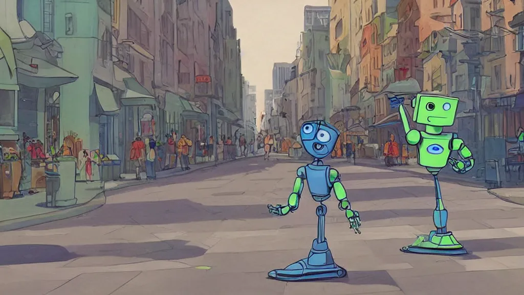 Prompt: robot walking down the street, pixar, cartoon, animated