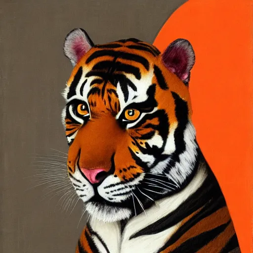 Image similar to man anthropomorphic portrait furry orange ears Mike tyson the champion camouflaged as a tiger wearing a black shirt norman rockwell robert rauschenberg nelson shanks giorgio de chirico