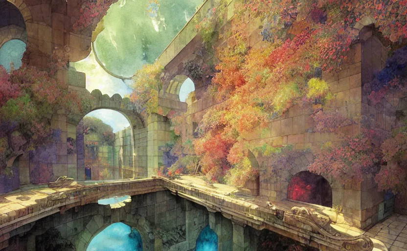 Image similar to tiled room squared waterway, aqueducts, fantasy. intricate, amazing composition, colorful watercolor, by ruan jia, by maxfield parrish, by marc simonetti, by hikari shimoda, by robert hubert, by zhang kechun, illustration, gloomy